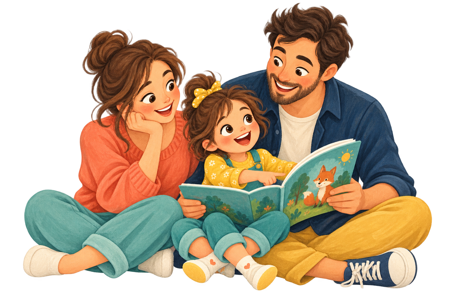 Birlikte kitap okuyan mutlu bir aile illüstrasyonu