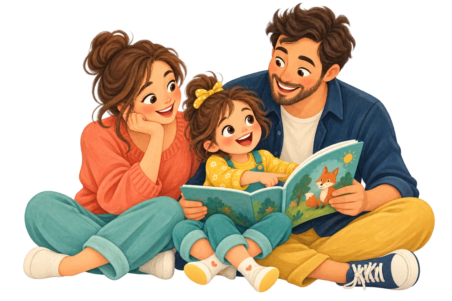 Birlikte kitap okuyan mutlu bir aile illüstrasyonu